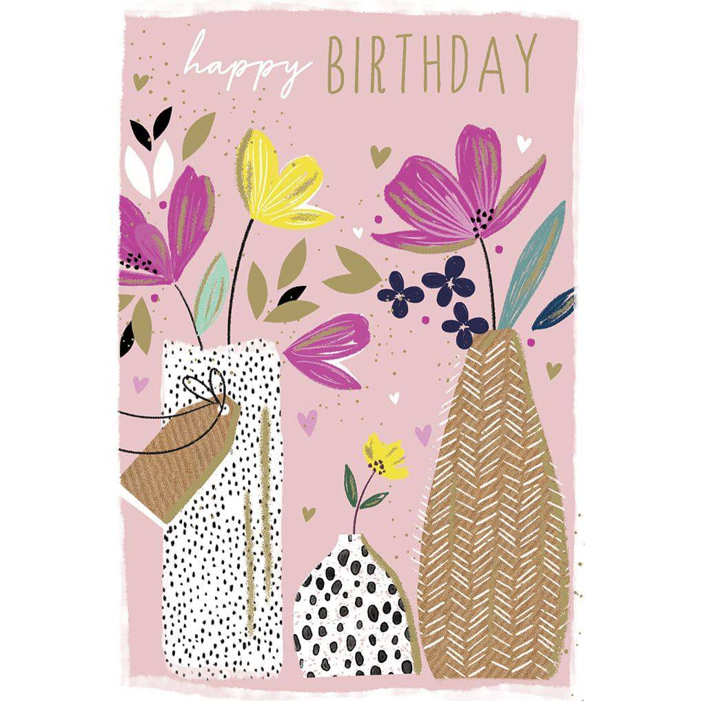 Elegant flower vase trio birthday card by Sara Miller, featuring colorful floral illustrations on a Pictura everyday card.